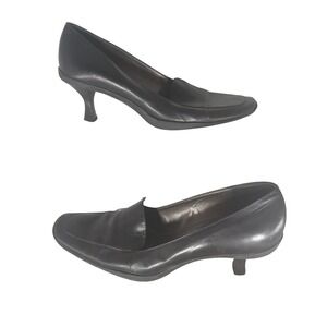 Antonio Melani Robyn Black Leather Loafer Pumps Square Toe Kitten Heel Mens 6.5M